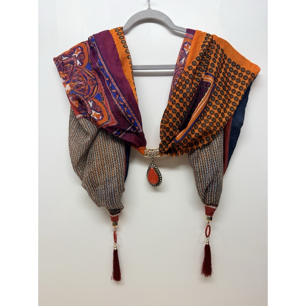Women's Boho Scarf Necklace Orange Purple Jeweled Pendant Tassel Statement #64 - Picture 5 of 8